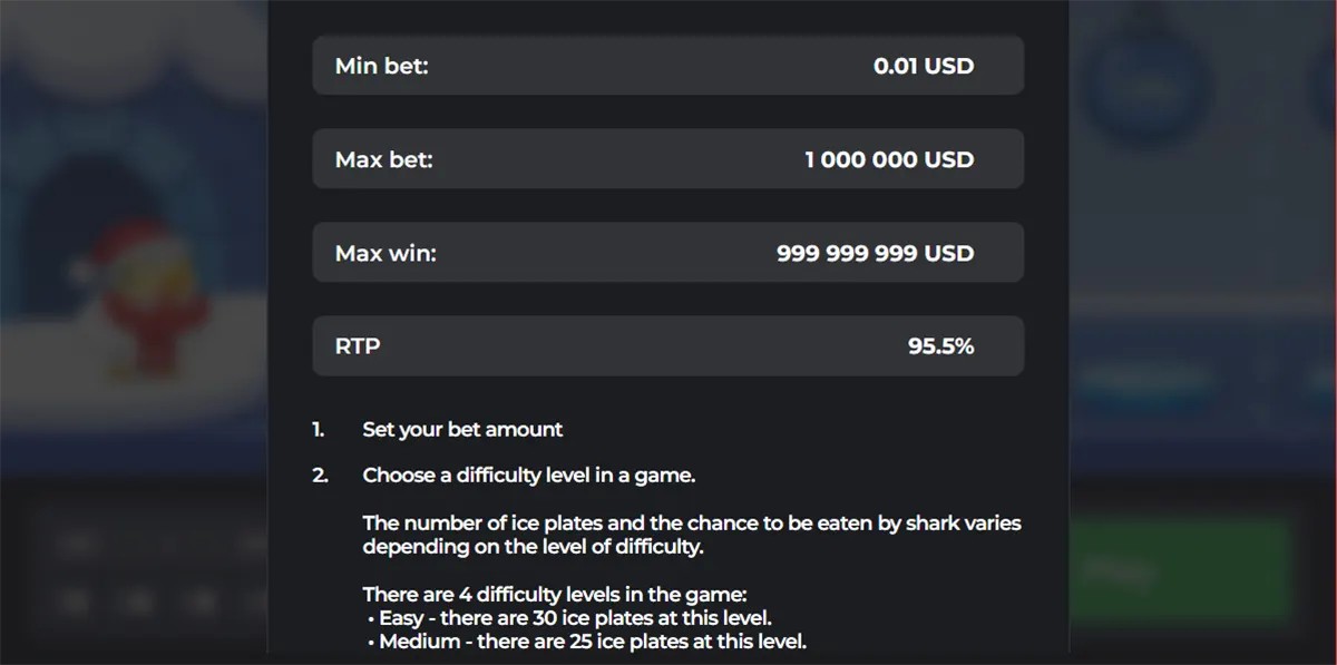 Screenshot of an in-game info panel listing limits and stats—min bet 0.01 USD, max bet 1,000,000 USD, max win 999,999,999 USD, and RTP 95.5%—followed by numbered instructions to set the bet amount and choose a difficulty level, with notes about ice plates and risk by difficulty.