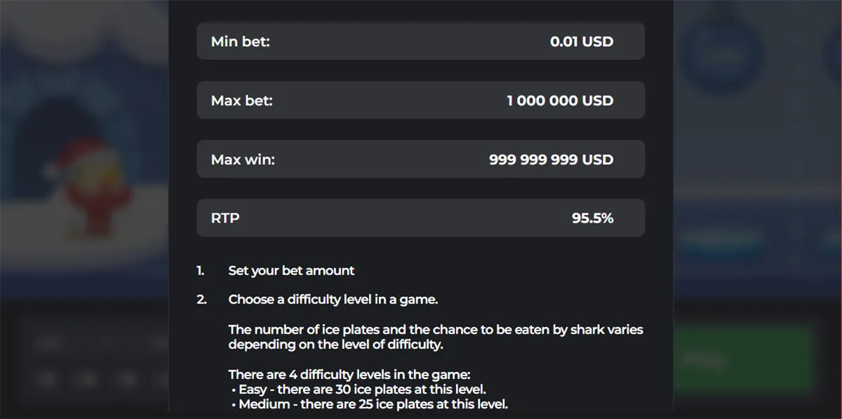 Screenshot of an in-game info panel listing limits and stats—min bet 0.01 USD, max bet 1,000,000 USD, max win 999,999,999 USD, and RTP 95.5%—followed by numbered instructions to set the bet amount and choose a difficulty level, with notes about ice plates and risk by difficulty.