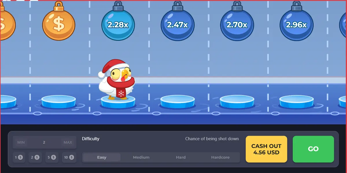 Screenshot of a winter-themed Chicken Road-style game showing a small chicken in a Santa hat standing on icy platforms beneath hanging multiplier bombs (2.28x, 2.47x, 2.70x, 2.96x), with a bottom control bar for bet and difficulty settings plus “CASH OUT 4.56 USD” and a green “GO” button.